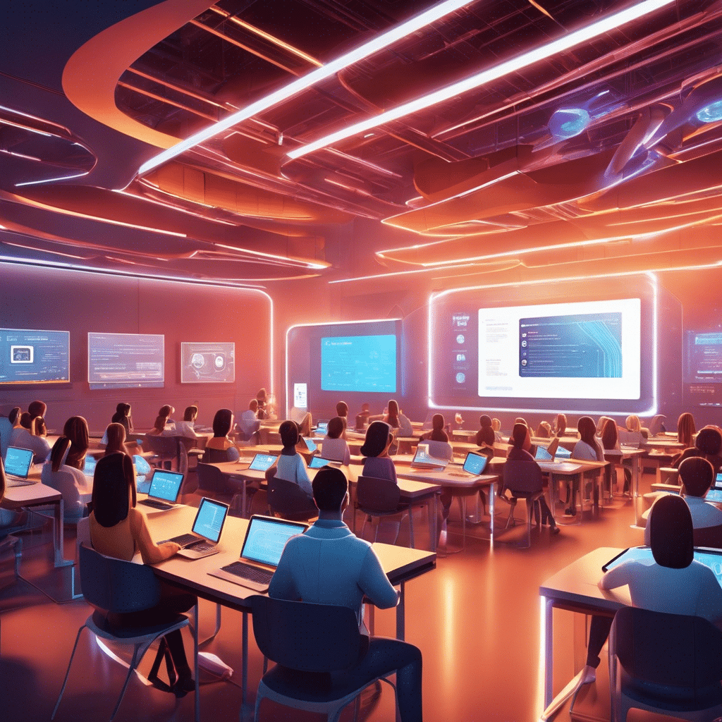 An image showcasing a futuristic classroom setting where blockchain technology is seamlessly integrated
