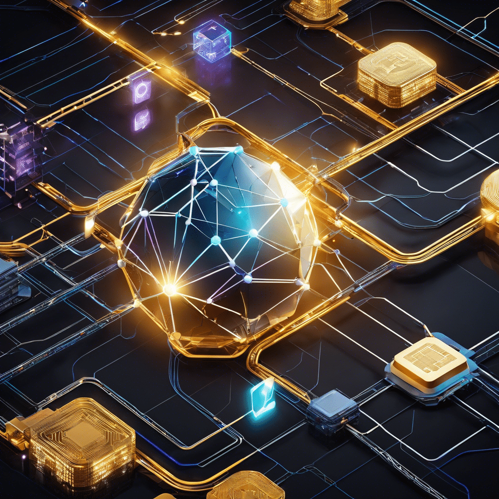 An image showcasing various sectors like finance, healthcare, supply chain, and energy interconnected by a web of blockchain nodes