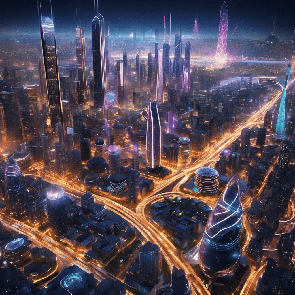 An image of a futuristic cityscape, with interconnected buildings symbolizing various industries, all linked together by a complex network of blockchain technology, illustrating how it revolutionizes organizations and industries