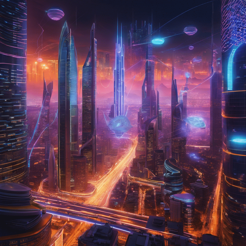 An image showcasing a futuristic cityscape with towering skyscrapers, interconnected by a web of neon lights