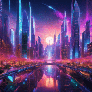 An image showcasing a futuristic cityscape, with towering buildings representing NFTs, emitting vibrant colors and intricate patterns, while decentralized finance (DeFi) platforms are depicted as interconnected networks, symbolizing the potential of these technologies in shaping the investment landscape