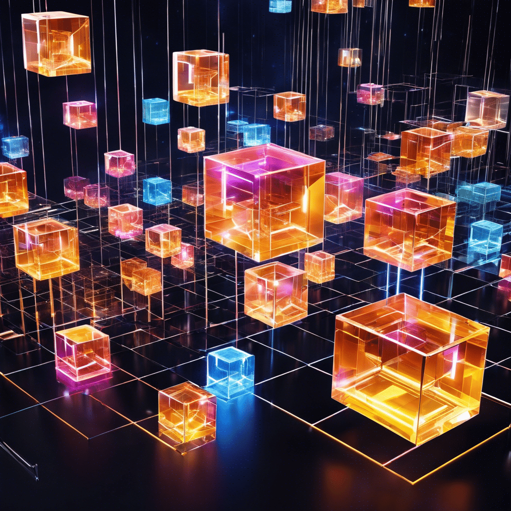 An image that depicts a futuristic, interconnected network of transparent, crystal-like cubes floating in space, each cube representing a block in a blockchain
