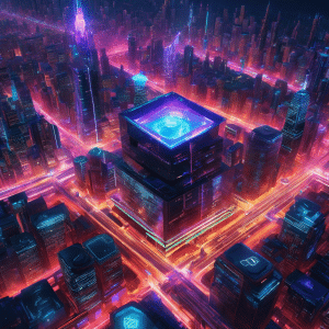 An image showcasing a futuristic cityscape with interconnected blockchain nodes hovering above