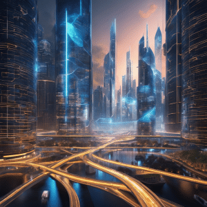 An image showcasing a futuristic cityscape with transparent buildings, interconnecting roads, and data streams flowing through them