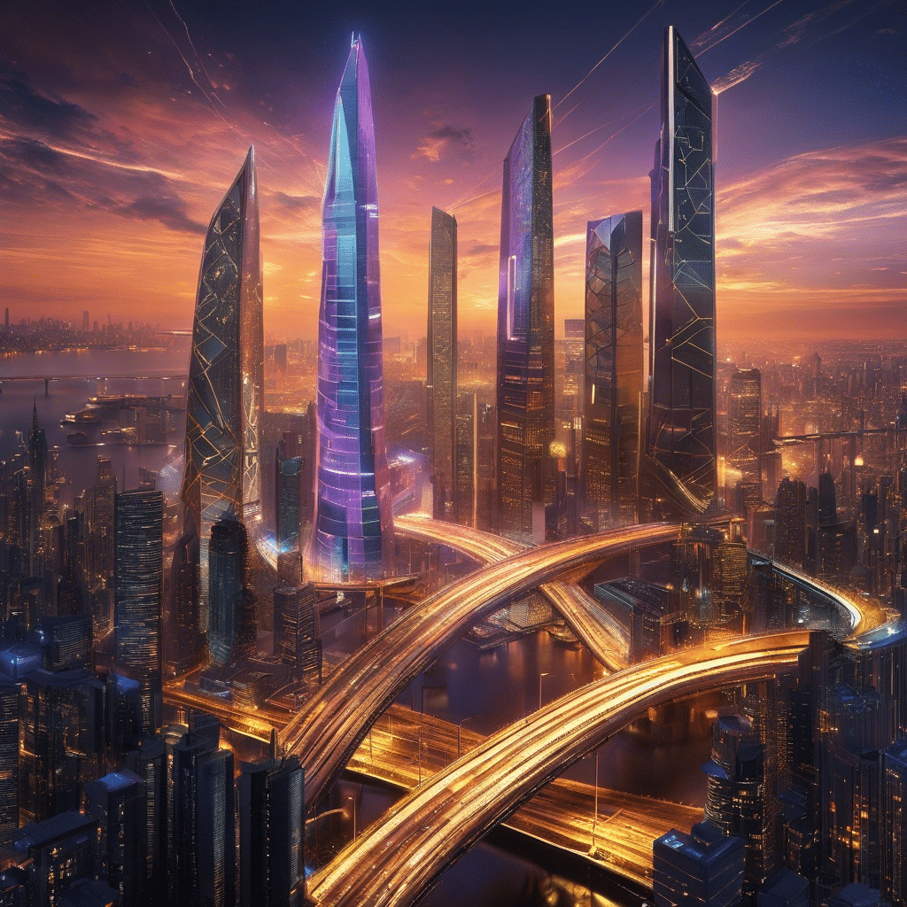 An image depicting a futuristic cityscape with skyscrapers made of digital currency symbols, interconnected by bridges of blockchain technology, and surrounded by a bustling network of decentralized finance transactions