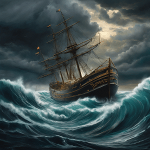 An image depicting a stormy ocean with a sinking ship labeled "DeFi Investments