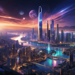 An image showcasing a futuristic cityscape with towering skyscrapers made of stablecoins, illuminating the night sky
