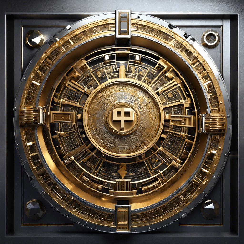 An image of a futuristic, high-tech vault door adorned with intricate cryptographic symbols and surrounded by a shimmering aura of digital currencies