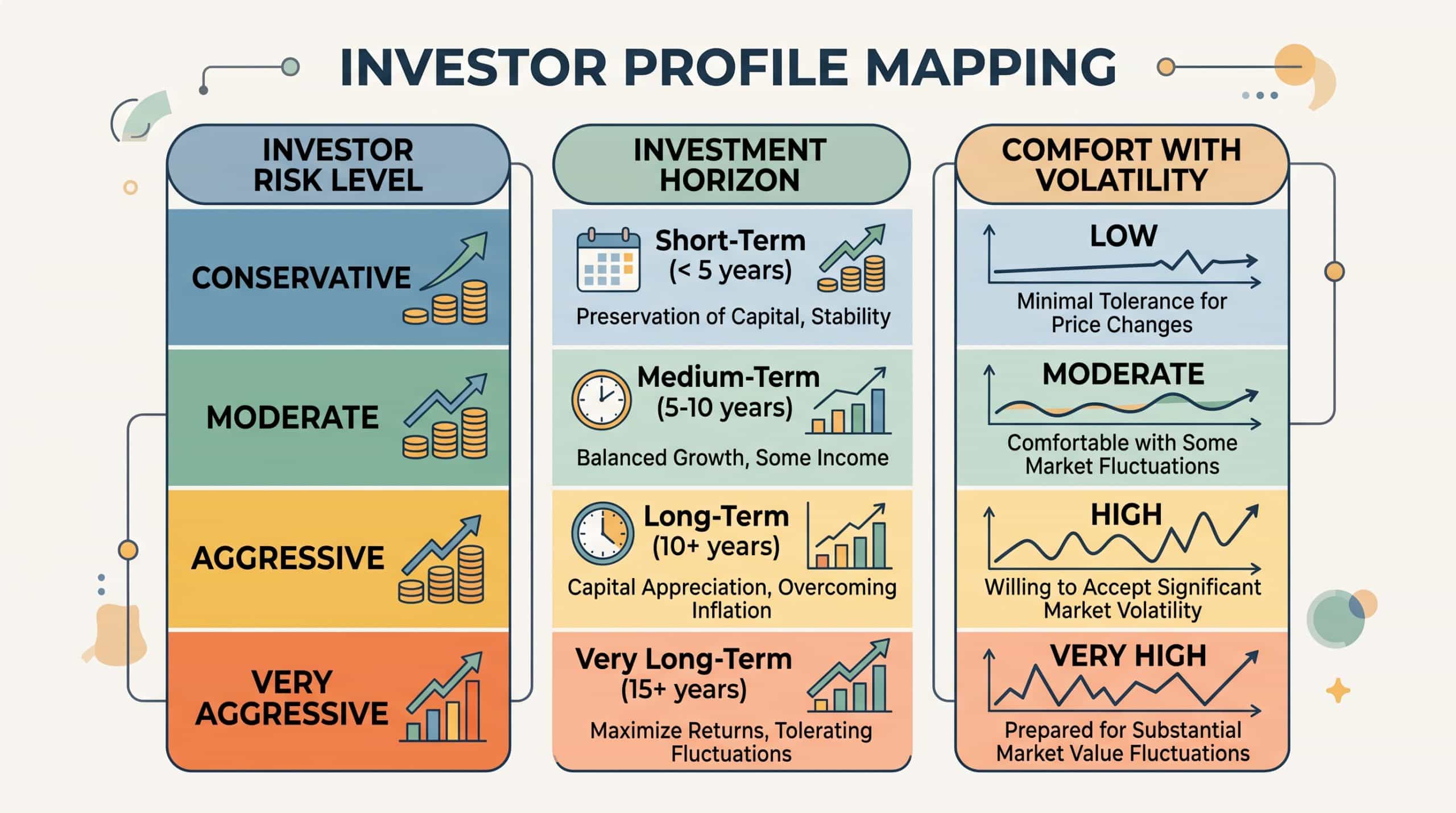 Personalized Investment 1 Chart mapping conservative, moderate, aggressive, and very aggressive risk levels to investment horizons and comfort with market volatility