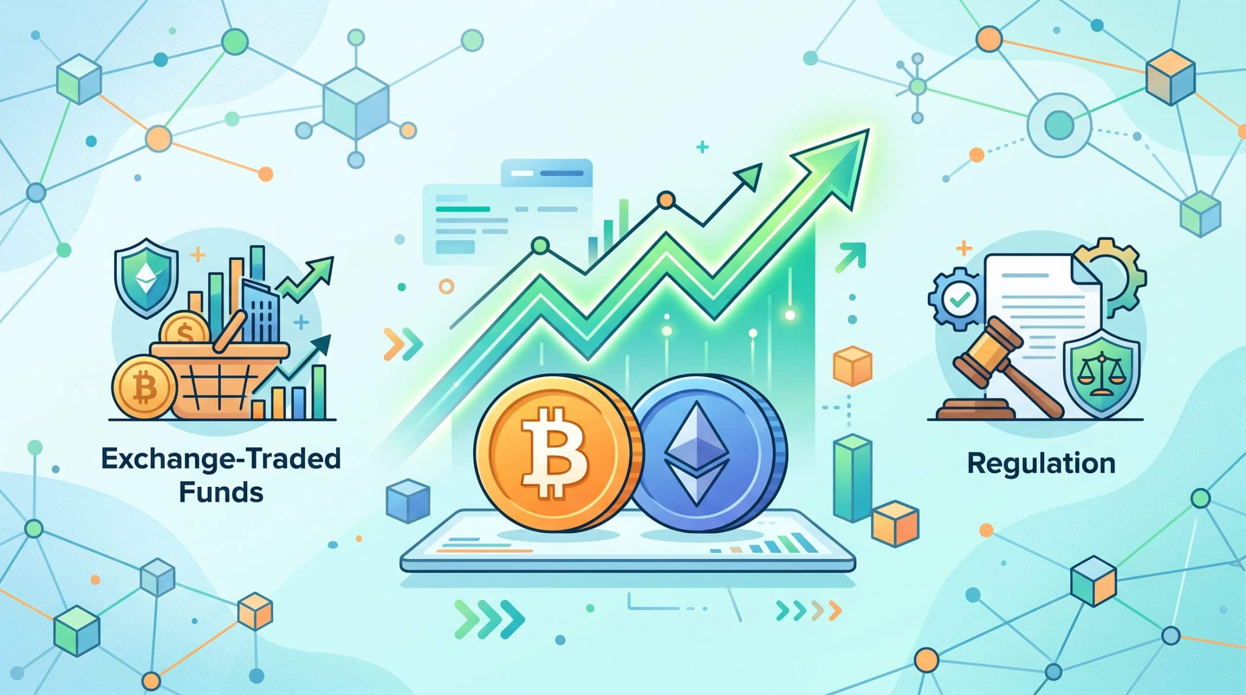 Top Crypto Forecasts for a Prosperous 2026 1 Illustration of a rising market chart with Bitcoin and Ethereum symbols alongside ETF and regulation icons