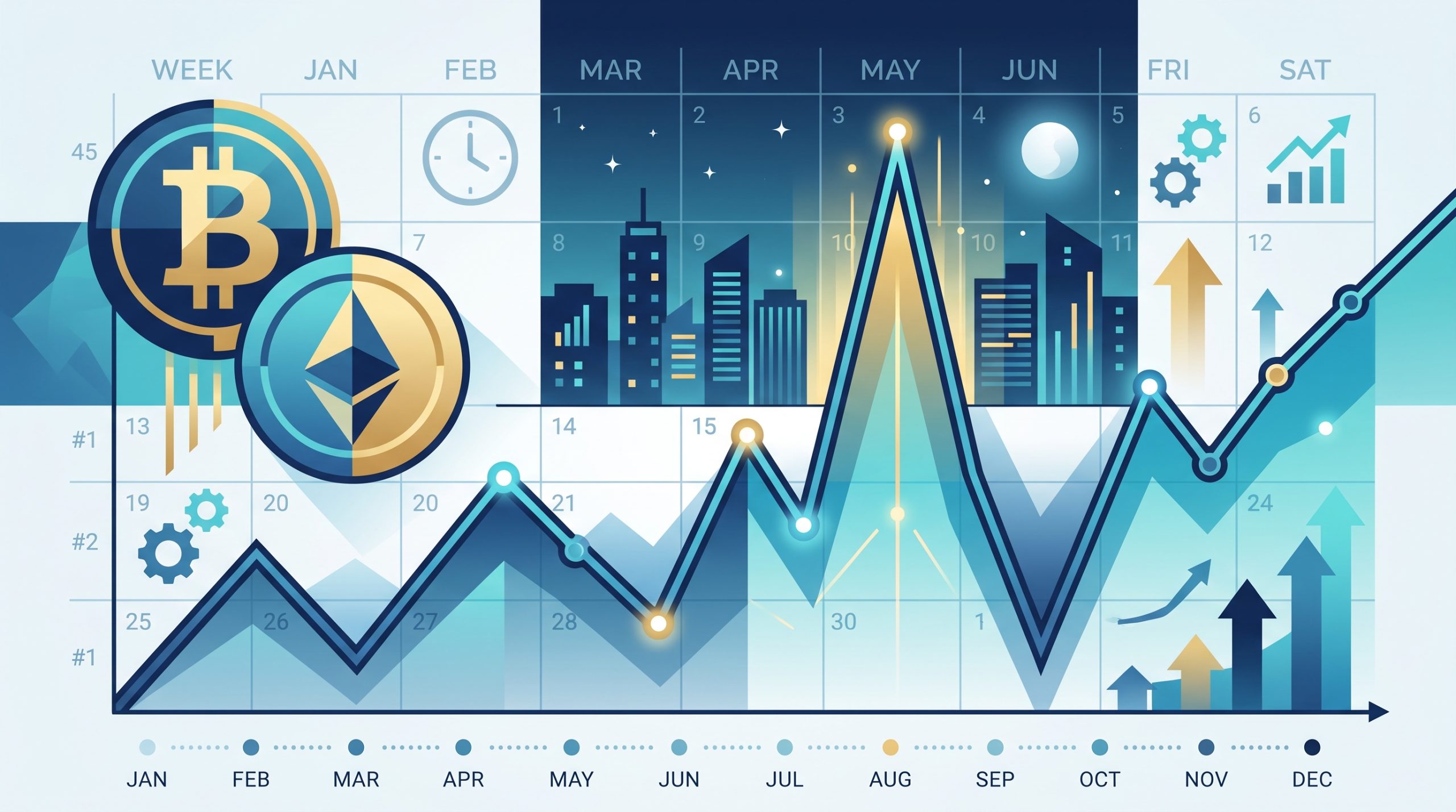 Crypto Forecasts for 2026: Lessons From 2024 Predictions 1 Line chart with Bitcoin and Ethereum symbols illustrating cryptocurrency market forecasts and performance