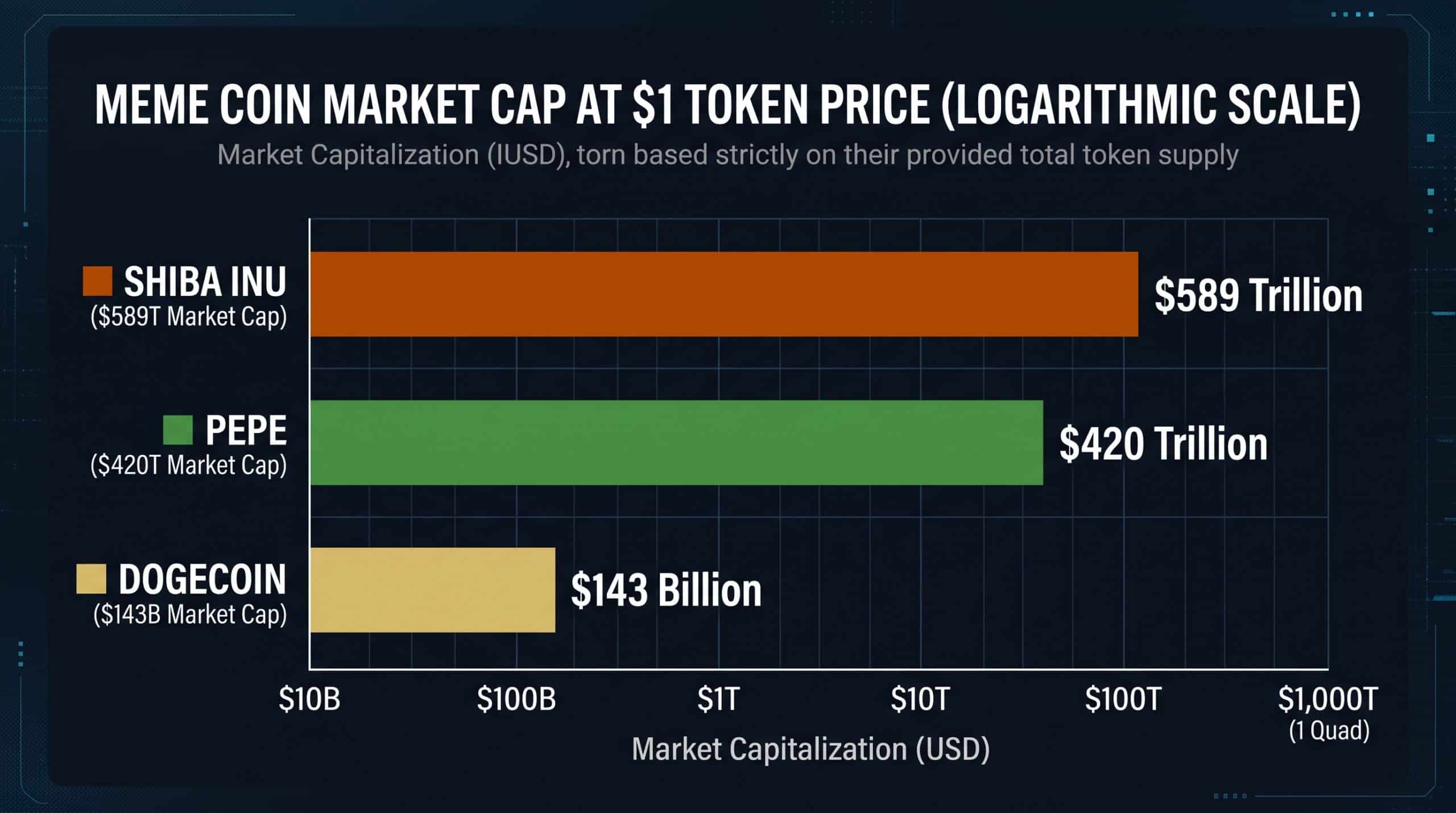 Which Meme Coin Will Hit $1 First? DOGE vs SHIB in 2026 1 Bar chart of the market capitalization each meme coin would need at a $1 price: Dogecoin $143 billion, Pepe $420 trillion, Shiba Inu $589 trillion.