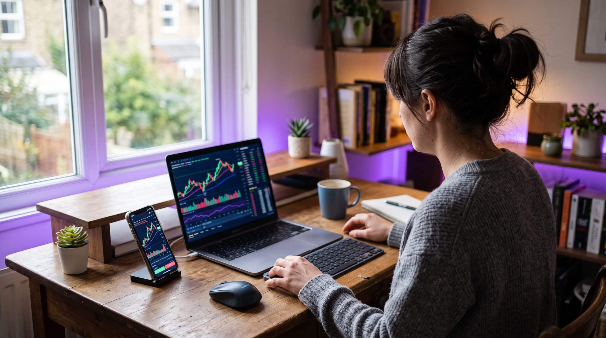 Polygon Meme Coins: Guide, Risks, and How to Buy in 2026 1 AI illustration of a trader reviewing generic cryptocurrency charts on a laptop at a home desk